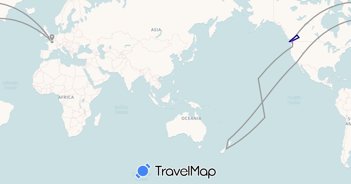TravelMap itinerary: driving, plane, train in Canada, France, New Zealand, United States (Europe, North America, Oceania)